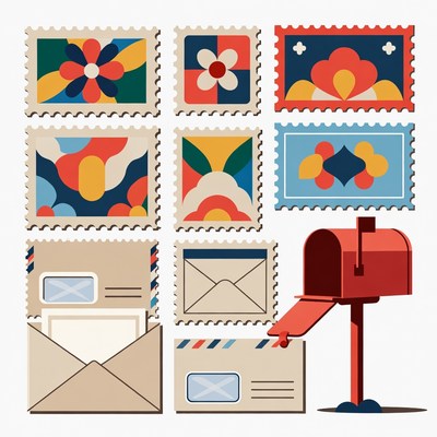 Colorful Stamps and Red Mailbox