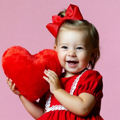 Baby girl holding red heart toy