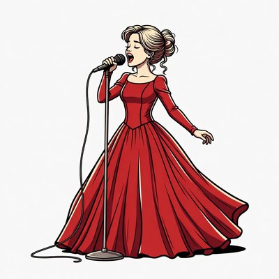 Blonde woman singing into microphone