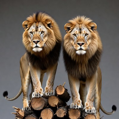 Two lions standing on log pile