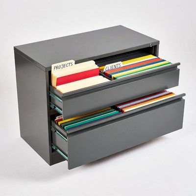 Gray filing cabinet with open drawers