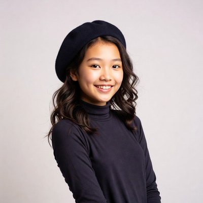 Asian girl in black beret smiling