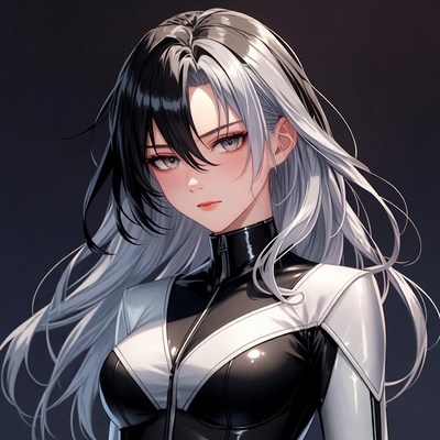 Anime girl in black white latex suit