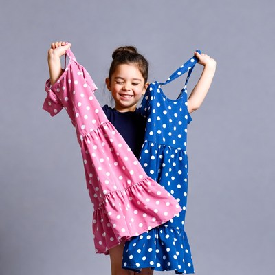 Girl holding pink and blue polka dot dresses