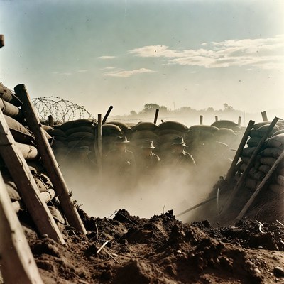 Soldiers Behind Sandbags in Trench