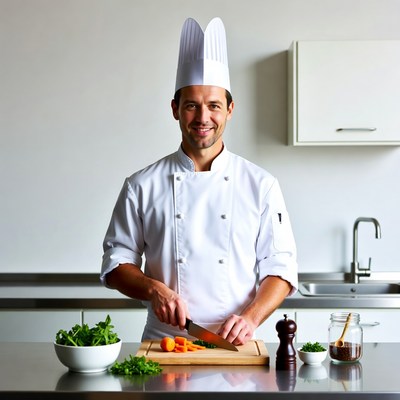 Chef slicing carrots on cutting board