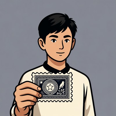 Asian man holding vintage stamp