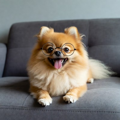 Pomeranian dog wearing glasses on couch