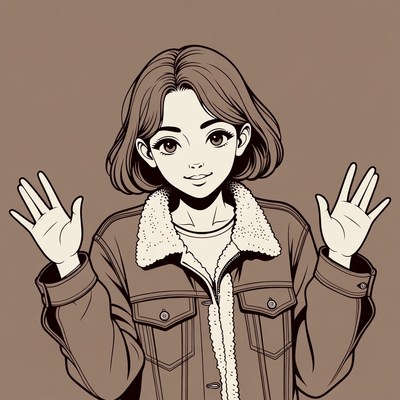 Anime girl raising hands in jacket