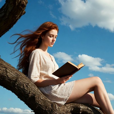 Redhead woman reading book in tree