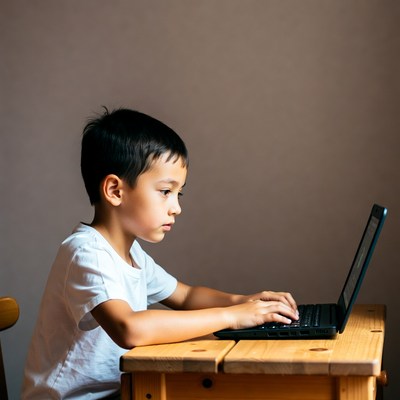 Asian boy using laptop at desk
