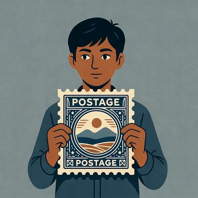 Young man holding vintage postage stamp