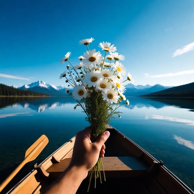Hand holding daisies in canoe on lake