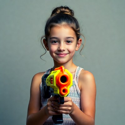 Girl holding yellow toy gun