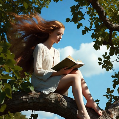 Redhead girl reading book on tree branch