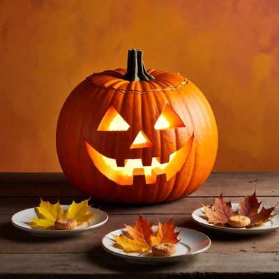 Lit Jack-o'-lantern with Autumn Leaves