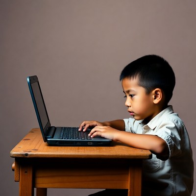 Asian boy using laptop at desk