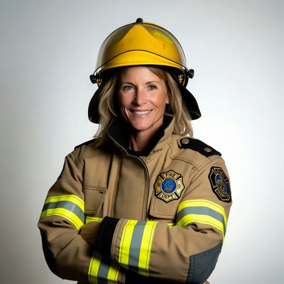 Female firefighter with helmet smiling