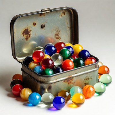 Colorful Marbles in Rusty Tin Box