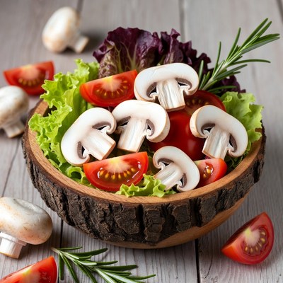 Mushroom Tomato Salad in Wooden Bowl