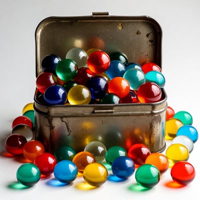 Colorful Marbles in Open Metal Tin