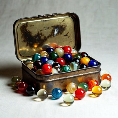 Colorful Marbles in Open Tin Box