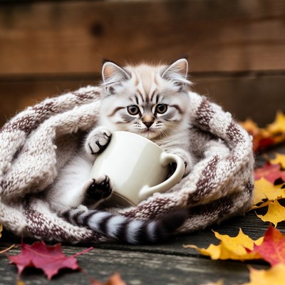 Kitten holding cup in blanket
