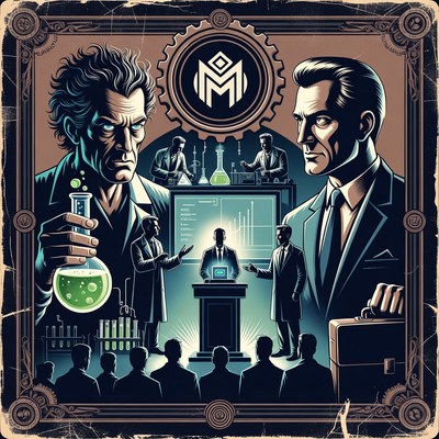 Mad Scientist Presenting to Suited Men