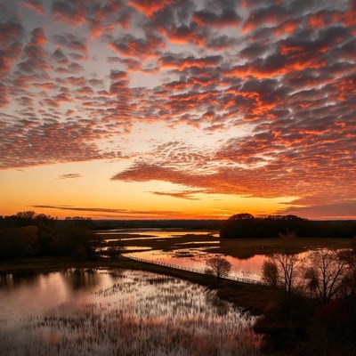 Vibrant Sunset Over Marsh and Bridge