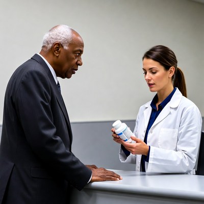 Doctor showing pill bottle to elderly man