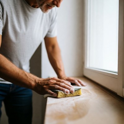 Man cleaning window with sponge