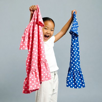 Asian girl holding pink blue polka dot dresses