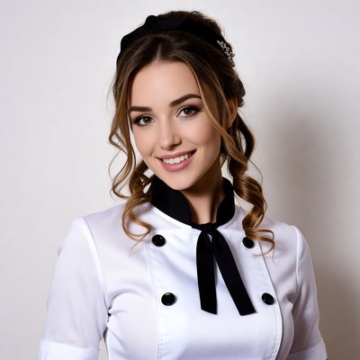 Smiling woman in white chef uniform