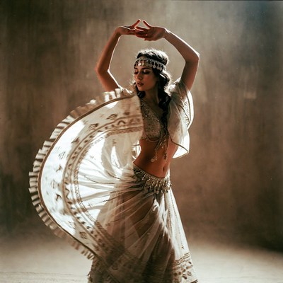 Woman dancing in flowing belly dance costume