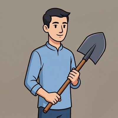 Cartoon Asian man holding shovel
