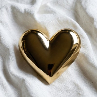 Gold heart on white fabric