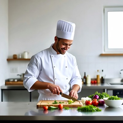 Chef chopping vegetables in kitchen