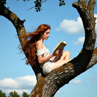 Redhead woman reading book in tree