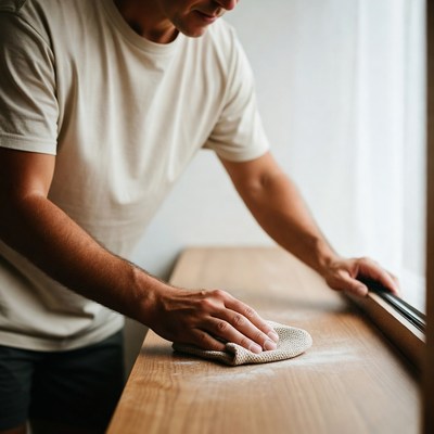 Man wiping wooden counter with cloth