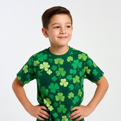Boy in shamrock t-shirt smiling