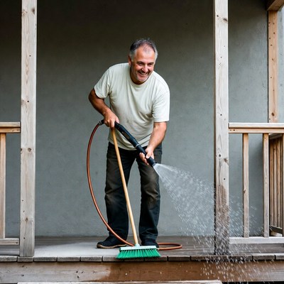 Man hosing porch with broom