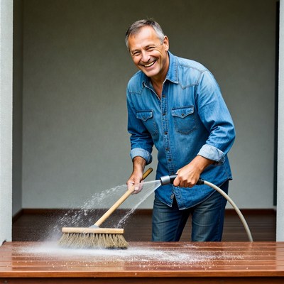 Man washing deck with hose and brush