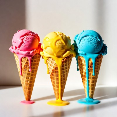 Three Colorful Ice Cream Cones Dripping