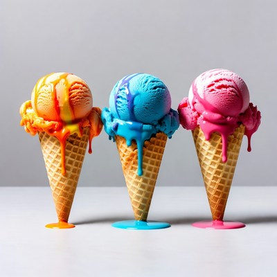 Three Colorful Melting Ice Cream Cones