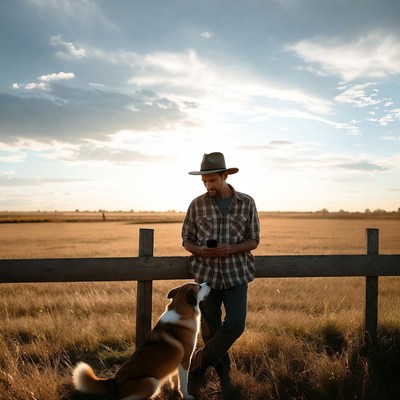Man with Bernese Mountain Dog at Fence