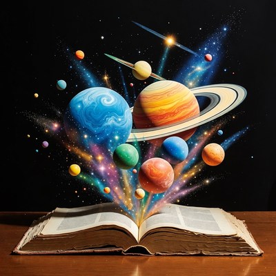 Open Book Exploding with Planets