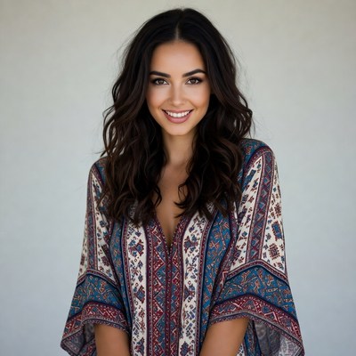 Smiling woman in patterned dress