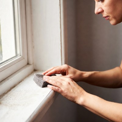 Woman cleaning window sill with scrubber