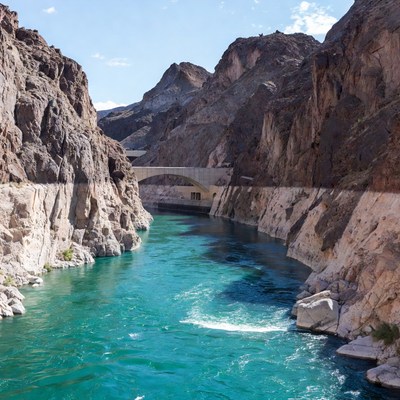 Hoover Dam in turquoise river canyon