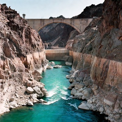 Hoover Dam with turquoise river canyon